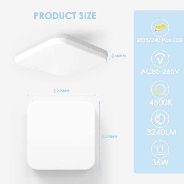 36W Kvadratisk LED Taklampe, 3240lm Taklampe, 4500k Innendørs Belysning, Moderne Lyslampe (FMY)