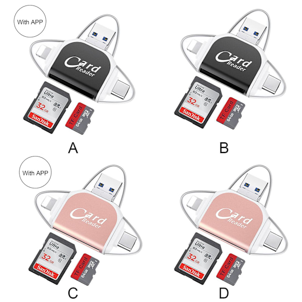 Multi-Port 4 i 1 Universell SD TF-kortleser, USB C SD TF-minnekortleser, USB C Hub Multiport-adapter (FMY) rose gold APP