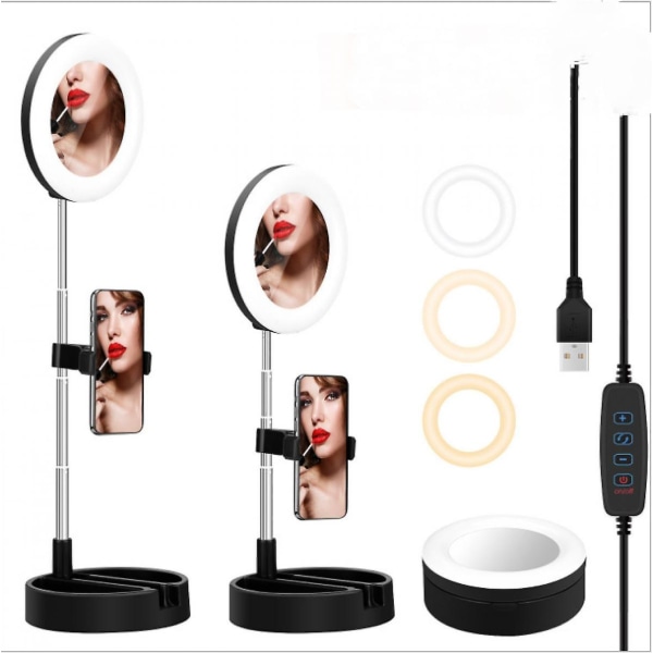 Led-ringljus Vikbart fyllningsljus med spegelhållare för mobiltelefon, 3 färglägen och för video livestreaming sminkfoto (FMY)