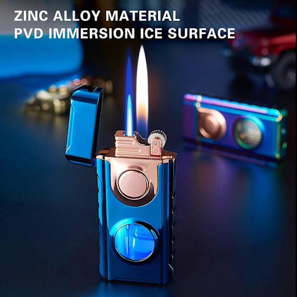 Dual Flame Lighter med LED Blåt Lys Synlig Tank, Kreativ Vindtæt Gas Torch Lighter, Dual Fire Butan Lighter med Gaveæske, Gaver F (FMY) E