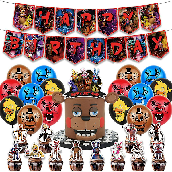 Fnaf Five Nights At Freddy's Födelsedagsfest Dekorationer Skräckspel Festtillbehör Inkluderar Grattis På Födelsedagen Banner Ballonger Tårta & Cupcakes Toppers  (FMY)