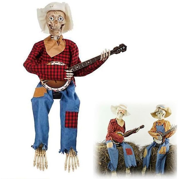 Sjove Animerede Duel Banjo Skeletter, 2023 Cowboy Skull Statue, Bevægelige Lysende Skull Ornamenter, Sjove Banjo Skeleton Figurer (FMY) Red - with light