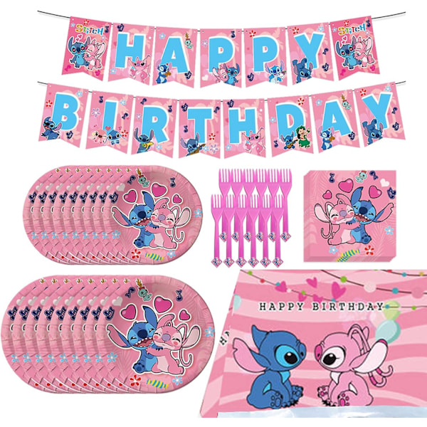 Pink Lilo og Stitch Fødselsdagsfest Tilbehørssæt, Pink Tema Fest Dekorationer Favorer Inkluderer Happy Birthday Banner, Dug (FMY)