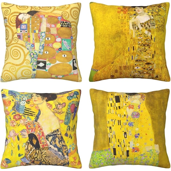 4 kpl keltaisia Gustav Klimt -maalauksen The Kiss -tyynynpäällisiä, neliömäisiä koristetyynynpäällisiä sohvalle tai sängylle, HHL0L08  (FMY) 20x20in 50x50cm