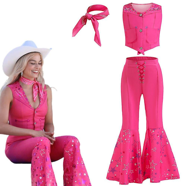 Barbie-elokuvan lasten tyttöjen cosplay-asu vaaleanpunainen liivi pitkät housut huivilla cowboy-asusetti Halloween-karnevaaliasu (FMY) 6-7 Years