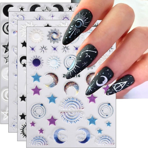 5d präglade Moon Star Sun Nail Art Stickers Färgglada, 4 ark (FMY)
