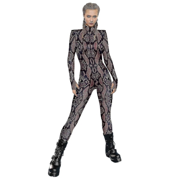 Jumpsuit for kvinner til Halloween-fest 3d-slangetrykk-bodyer Cosplay-trykk kostyme Stretch Skinny Catsuit Overall (FMY) XL