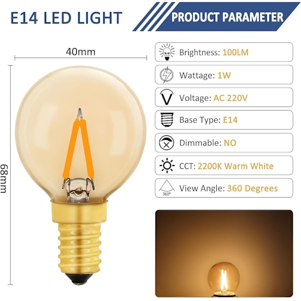 G40 Vintage Mini E14 LED-lampa 1W, Amber Edison Ersättning E14 Glödlampa 10W för Dekorativa Ljus, Varmvit 2200K, Ej Dimbar, 6-pack (FMY)