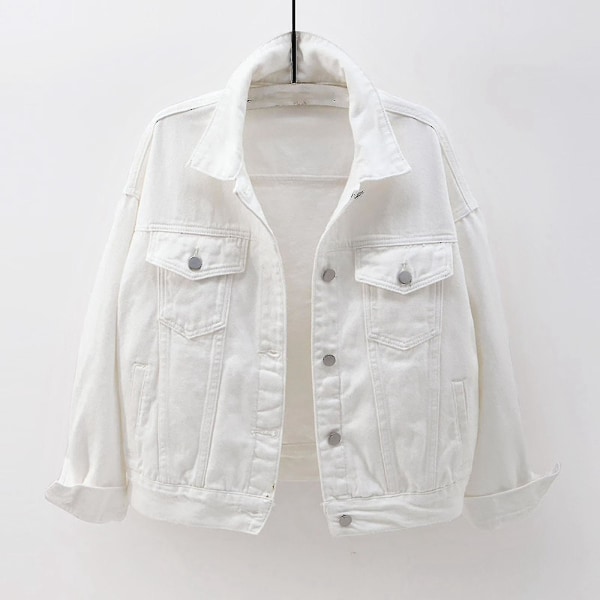 Kvinnor vår- och höstkappor Varma solida långärmade jeansjacka Ytterkläder (FMY) White XL