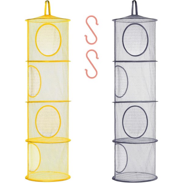 Vikbart hängande mesh Space Saver-väskor Organizer, fack Hängande gosedjursförvaring för barn, 2pack (4 våningar-gult och grått) (FMY)