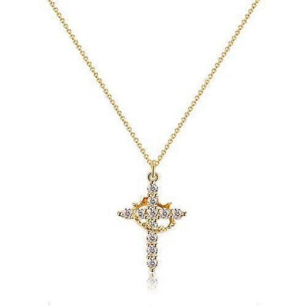 Paved Cross Rotated Crown Halsband, Diamant Kors Halsband, Kors Krona Hänge (FMY) Golden