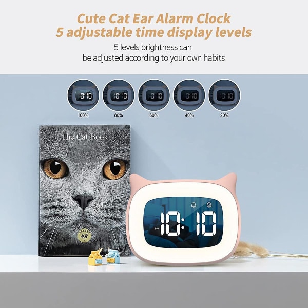 Barnevekkerklokke med nattlys Trinnløs dimming, søt Cat Ear digital klokke for gutter og jenter, 5 minutters alarm (FMY)