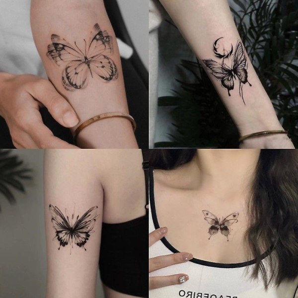 Sett med 4 tatoveringsklistremerker for sommerfugler, personlig vanntette, realistiske tatoveringsklistremerker (FMY)
