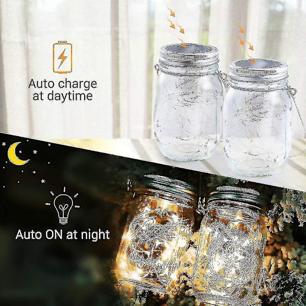 20 LED 10 Pakkaa Mason Jar -kansi Aurinkokennovalot Ripustuskoukulla Mason Jar -satumainen Puutarha Patio [ilman purkkia] (FMY) Warm White