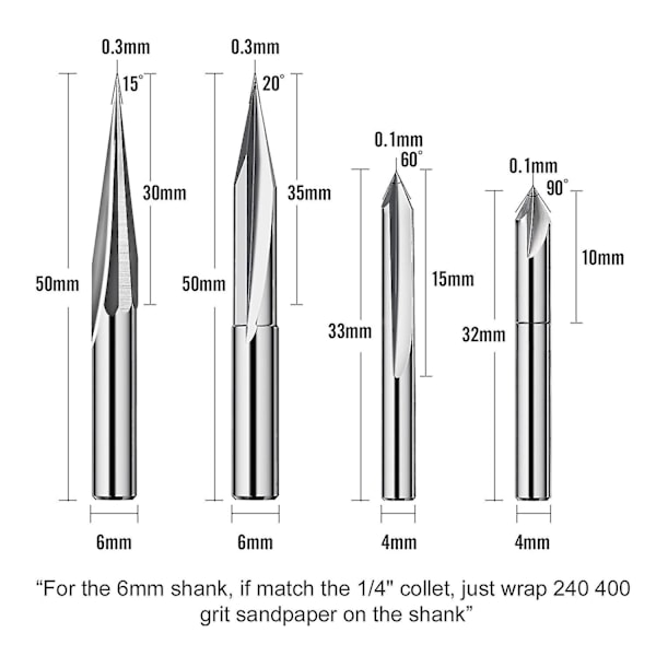 Cnc Router Bits Set 1/4, Gravering Trä Carving Router Bit 6mm & 4mm, V-spår, Bit, Tungsten Stee  (FMY)