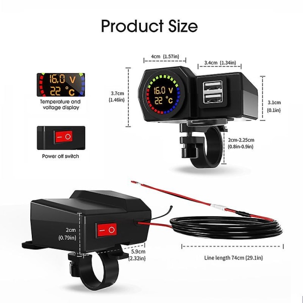 Motorcykelladdare Moto Handlebar Charger 3.4a Dubbel USB laddaradapter med temperatur- och spänningsdisplay för 12v-24v motorcykel (FMY)