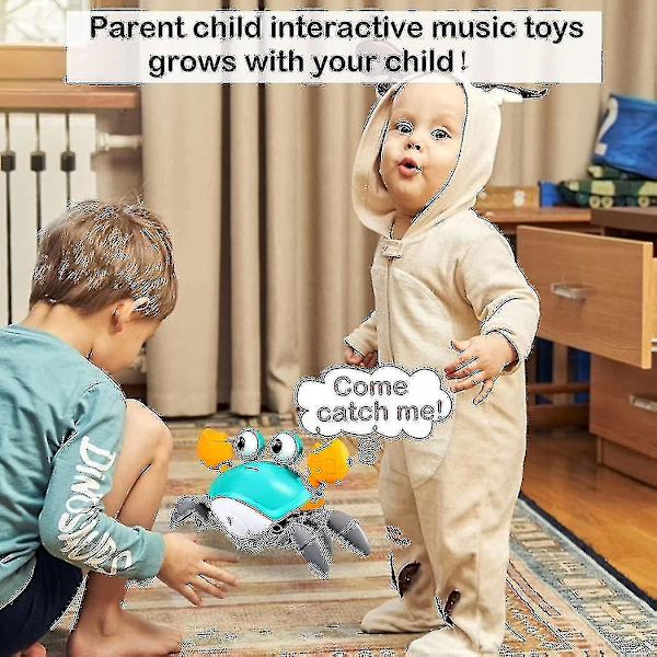 Krypende krabbe-babyleke med musikk og LED-lys, magetidsleker vil automatisk unngå hindringer som veileder babyen til å krype  (FMY)