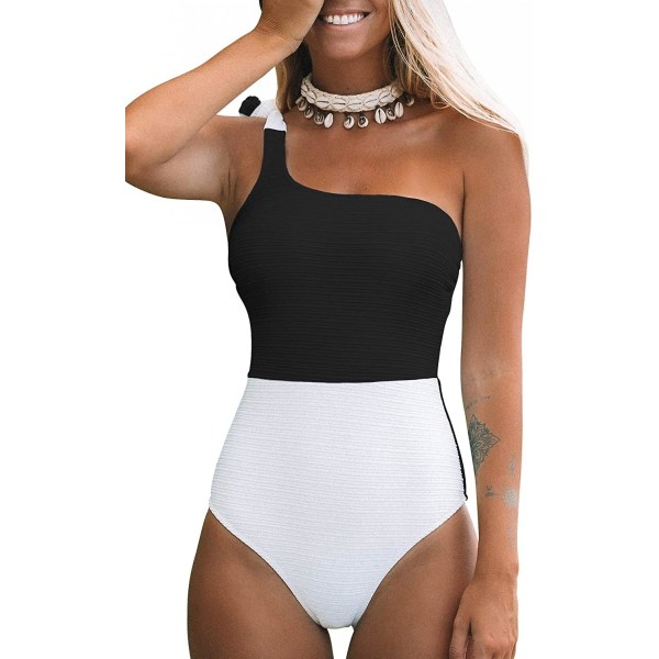 Naisten yksiosainen uimapuku, värillinen, yksi olkapää, bowknot-uimapuku, musta valkoinen, L (FMY)