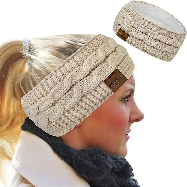 Vinterhodeband for kvinner i ull, ørevarmere for kvinner, strikket tykt fleecefôret hodebånd, vintervarme øremuffer (FMY) Beige