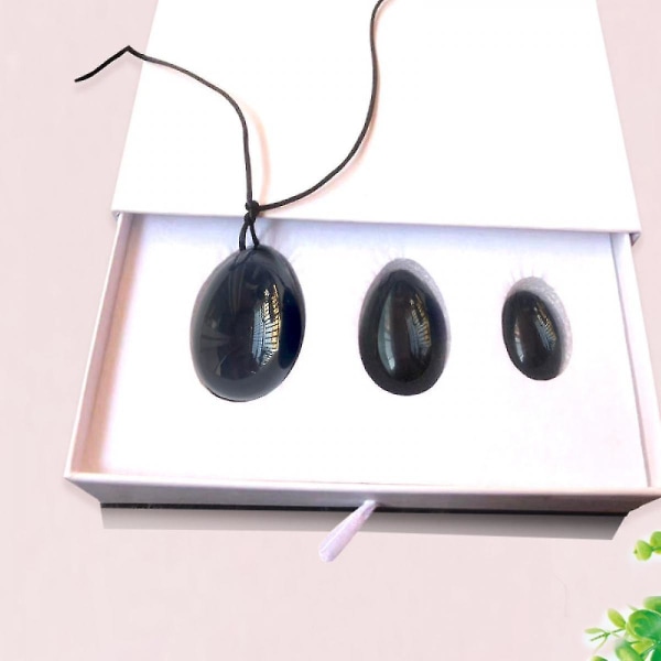 Musta Obsidian Yoni Eggs set , 3 kpl, hierontakiviä naisille vahvistamaan lantionpohjan lihaksia samettipussilla (FMY)