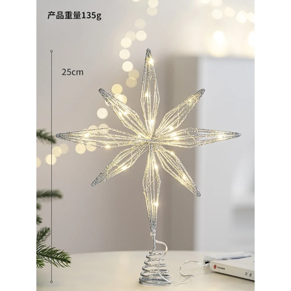 Julgrans Topp Glitter Guld Stjärna Julgrans Topp Upplyst med Varma Vita LED-lampor för Semesterdekoration Fest Inomhus Deko (FMY) 25cm Silver LED
