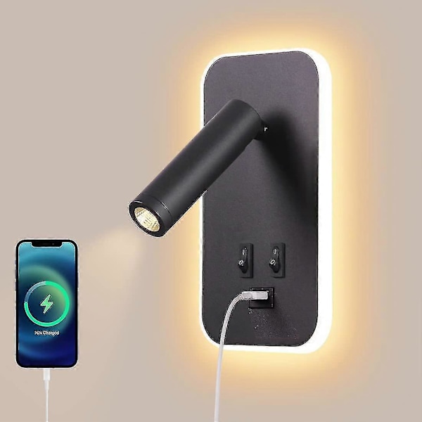 LED-seinävalaisin, sängyn vieruslukuvalo kytkimellä, USB-latausportti, makuuhuoneen tunnelmavalaistus säädettävällä kohdevalolla (3W 3000K + 9W 6000K) Musta (FMY)