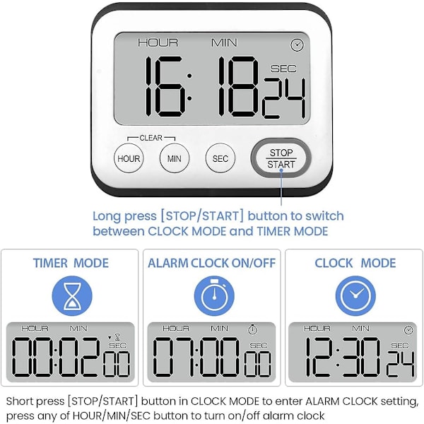 Köktimerlarm Klocka Multifunktionell Digital Matlagningstimer Med Stor Lcd-Skärm Magnetisk Stoppur Timer Med Klocka Alarm Klocka Magnet (FMY)