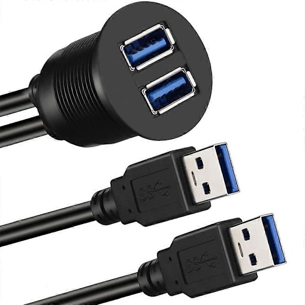 2-ports Dubbel USB 3.0 AUX Flush Mount Bilfäste Förlängningskabel för Bil Lastbil Båt Motorcykel Instrumentbräda (FMY) black