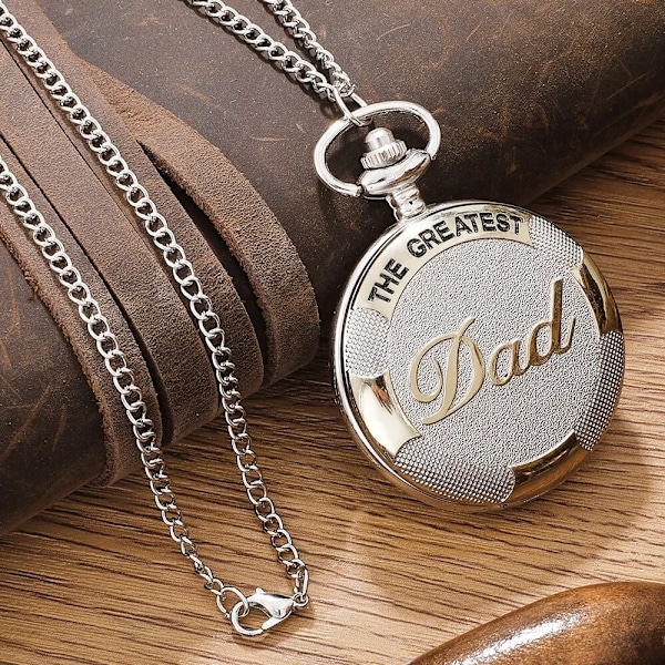 Vintage Sølv Gullfarget Luksus THE GREATEST DAD Quartz Lommeur Fob Kjede Halskjede Herre Fedre Gaver Klokke Relogio De Bolso(FMY) Silver