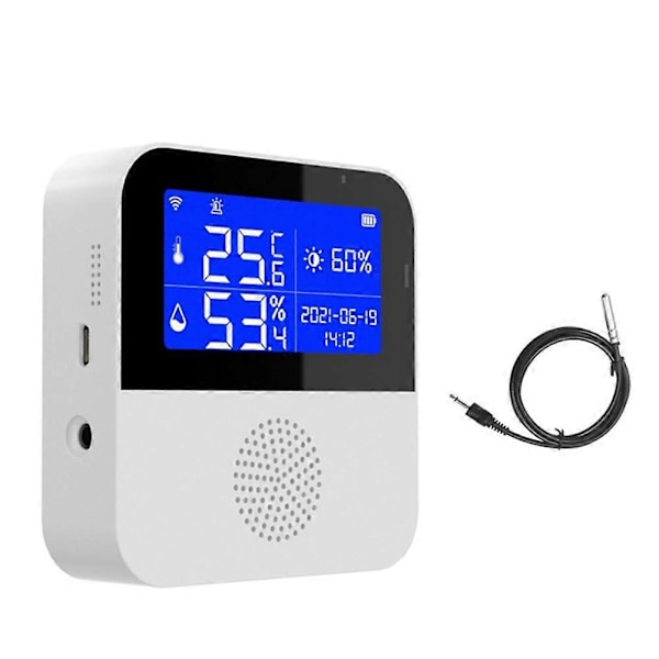 Tuya Smart Home WIFI Temperatur- och Luftfuktighetssensor Alarm Inomhus Utomhus Hygrometer Termometer Suppor  (FMY) White