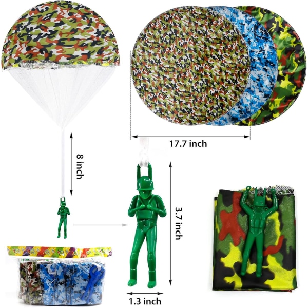 12 stk. Camo Fallskjerm Leke, Flokefri Kaste- og Flygeleker, Ingen Batteri eller Montering Kreves, Grønn Plast (camo) (FMY)