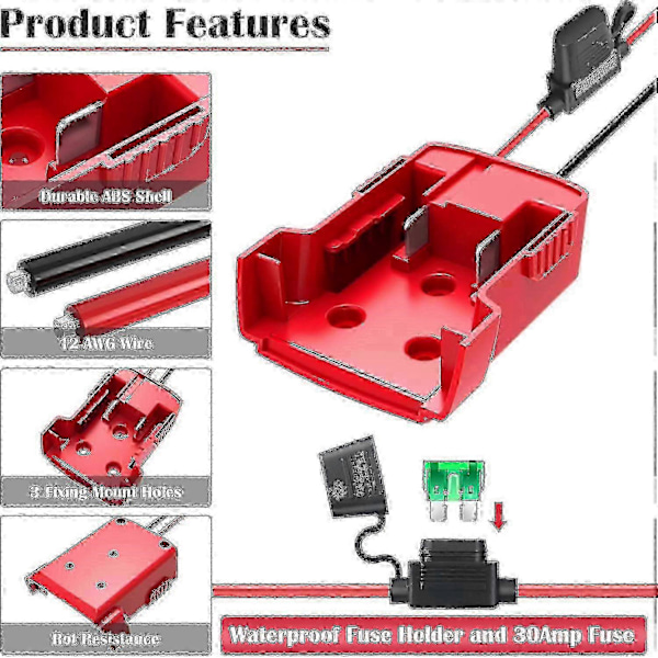 Strømhjulsadapter til Milwaukee M18 batteri 18V konverter med sikringer og ledningsterminaler 2 pakker (FMY) Red 2 Wires