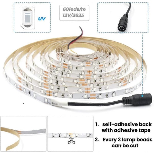 12V Svart UV Fleksibel LED Strip Sett 5M 300leds IP20 300leds SMD2835 Lilla Strip, Transformator/Strømforsyning (FMY)