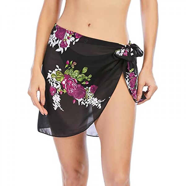 Badedrakt til damer Sommer strandomslagsskjørt Badetøy Bikini Cover-ups (svart og lilla blomst) (FMY)