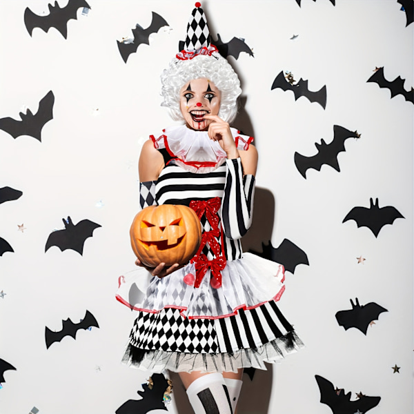7-delt komplet Halloween-kostume til kvinder: Ond klovnedragt, paryk, strømpebukser, plastik-sværd og hat (FMY) White 6inch