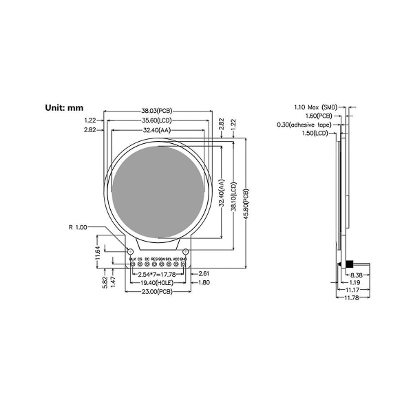 1,28 tommers IPS Full View TFT-skjerm LCD-skjerm SPI-serieport Rund skjerm 240x240 oppløsning farge (FMY) black blue