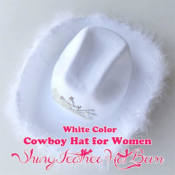 Pink Cowgirl Hat med pailletter og tiara krone til kvinder Rodeo fest hatte med hjerte (FMY) White