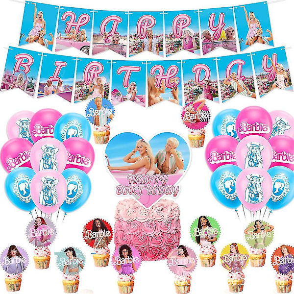 Barbie-elokuvateemaiset ilmapallot - syntymäpäiväjuhlat - vaaleanpunainen koristelu, mukaan lukien banneri, kakunkoriste, cupcake-koristeet, ilmapallosetti - juhlatarvikkeet (FMY)