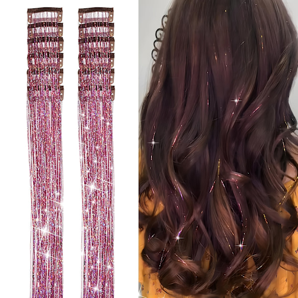 12 stk. Glimrende Hår Tinsel Klipp-Inn Extensions - Glitrende Hårtilbehør for Kvinner - 19,6 tommer Lang, Syntetisk, Varmebestandig, Glitter Str (FMY) pink 20inch