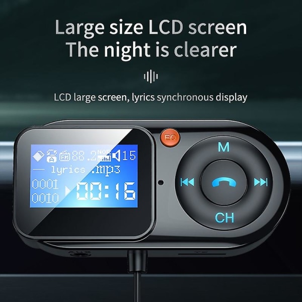 LCD-skjerm bilhåndfri FM-sender, aux lyd mp3-spiller, usb Type-c Pd hurtigladende billader, bluetooth 5.0 bilsett (FMY)