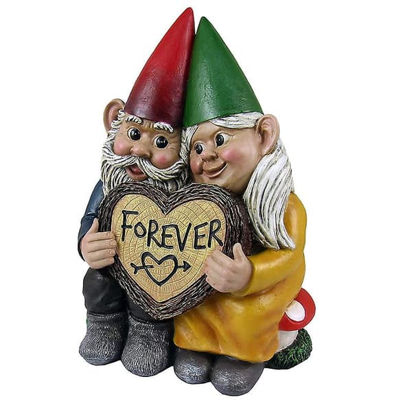 Forelsket dværgstatue med hjerteformet \"Forever\" træskive i harpiks til havepynt (FMY)