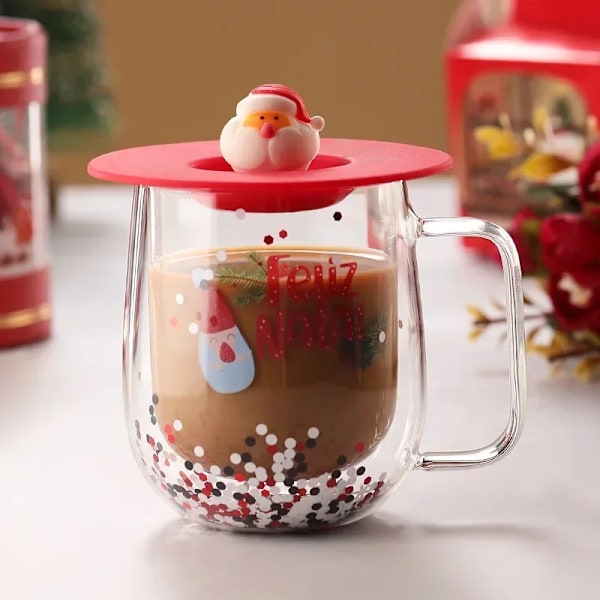 250ml Jule-Isoleret Dobbeltlags Glaskop Varmebestandig Genanvendelig Julemand Snemand Kaffe Kops med Silikonlåg Kops(FMY) J2594-Red-santa 250ml