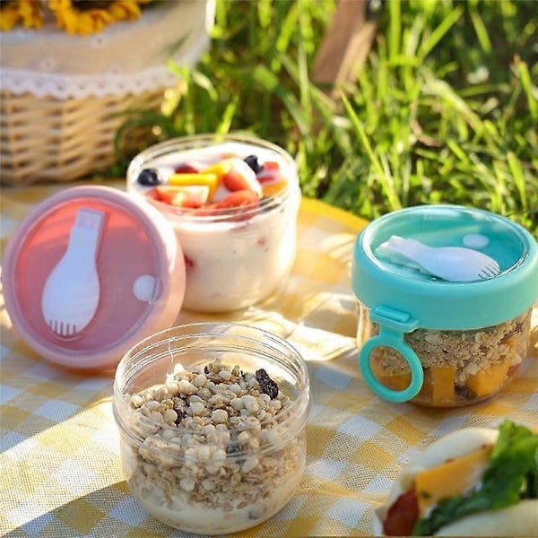 20Oz Overnight Oats Beholder med Låg og Ske - Bærbar Havregrynsmorgenmadskop til På Farten (FMY) WhitePinkCyan