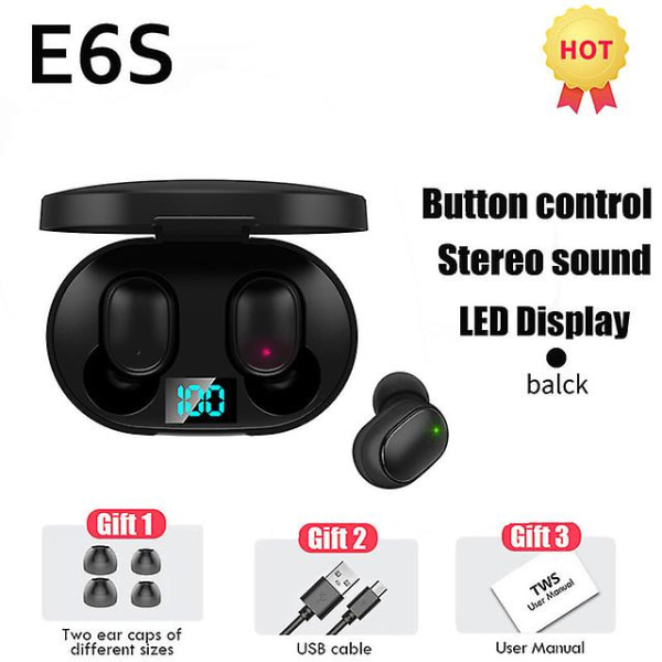 E6s Tws Fone Bluetooth-øretelefoner Trådløse hovedtelefoner Led-display Støjreducerende øretelefoner Med mikrofon Trådløs Pk E7 A6 Y30 Y50 I7  (FMY) Black Earbuds