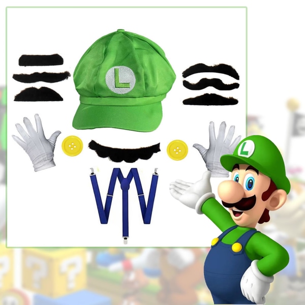Super Mario Bros Cosplay Rekvisitter Dome Bomuldskasketter Handsker Overskæg med Suspender Halloween Party Cosplay Rekvisit (FMY) Cuckold