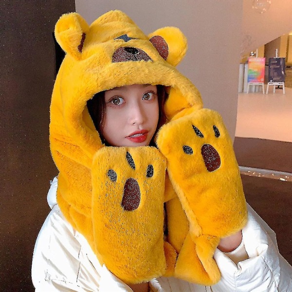 Hooded Scarf Winter Winter Hat Scarf Gloves Set For Women Bear Ear Hat Scarf-yellow  (FMY)