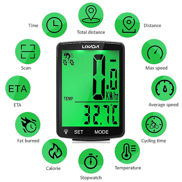 LIXADA Trådløs Cykelcomputer Multifunktionel LCD-skærm Cykelcomputer Mountainbike Speedometer White Backlight