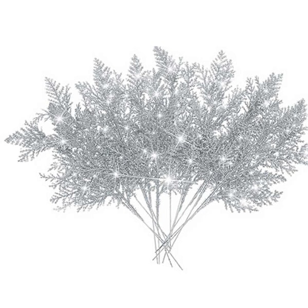20 stk. Kunstige Grannåle med Glitter Genanvendelige DIY Hjemmedekoration Julegran Twig Pick Branch Party Tilbehør (FMY) Silver