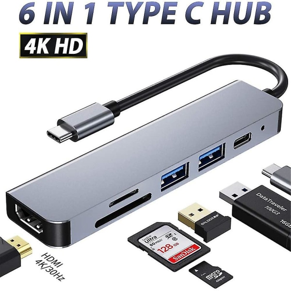 6 i 1 USB C till multiportsadapter Kortläsare USB C Hub Multiport Adapter (FMY)