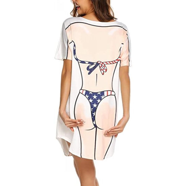 Bikiniskjorte for kvinner Cover Up Kortermet Søt Bikini Print Cover-up Baggy T-Shirt Dress Fun Wear, Flag, Xl (FMY)